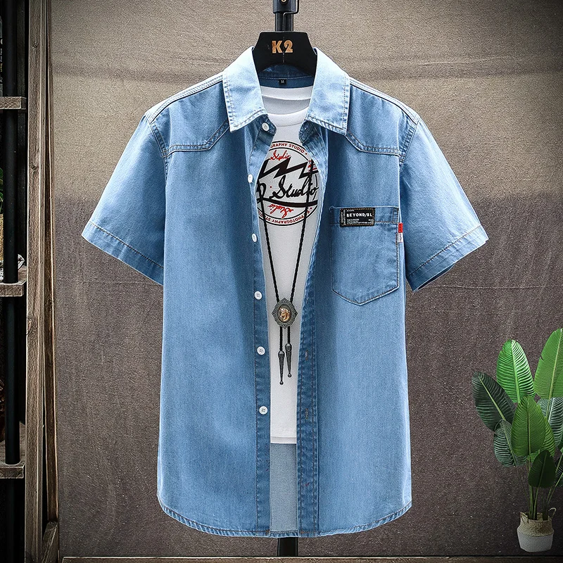 Denim Shirt Men Cotton Jeans Fashion summer Slim Short Sleeve Cowboy Stylish Wash Tops Asian Multiple pockets | Мужская одежда