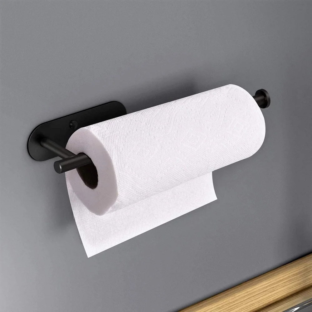 Soporte de toalla de papel de acero inoxidable, portarrollos de papel higiénico autoadhesivo, sin perforaciones, estante de almacenamiento alargado para cocina y baño