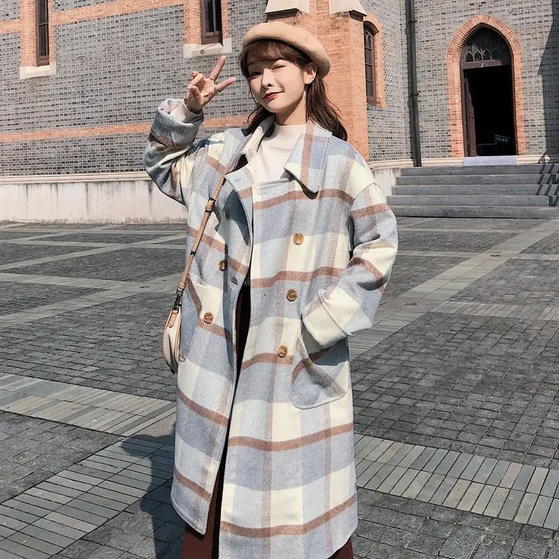 as picture New Autumn Winter Women Long Wool Blends Jackets Women Fashion Plaid Office Ladies Jackets Trench Coats Outerwear WJ200 - Цвет: as picture