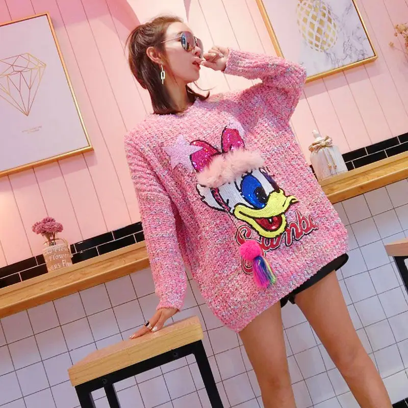 

New cartoon stick fabric lazy sweater and sweater