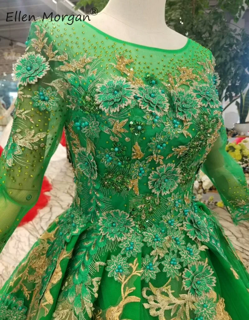 Arabic Muslim Green Evening Dresses Long Sleeves Elegant Boat Neck Applique Tulle Formal Party Ball Gowna For Wowam