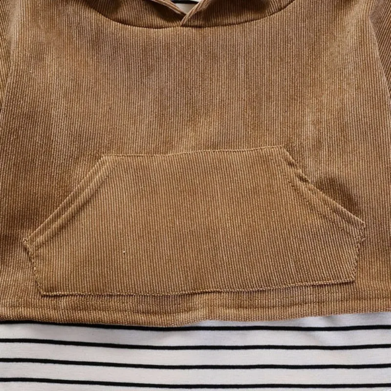 HilittlekidBaby/Длинный топ в полоску для маленьких мальчиков и девочек+ кордовое пальто с ушками+ длинные штаны теплые комплекты для активного отдыха на весну и осень комплекты детской хлопковой одежды