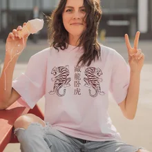 

Summer Women's T-shirts Chinese Character Tiger Punk Tees Vintage Hip-hop Loose Large Size Women Short-sleeved Harajuku Tops