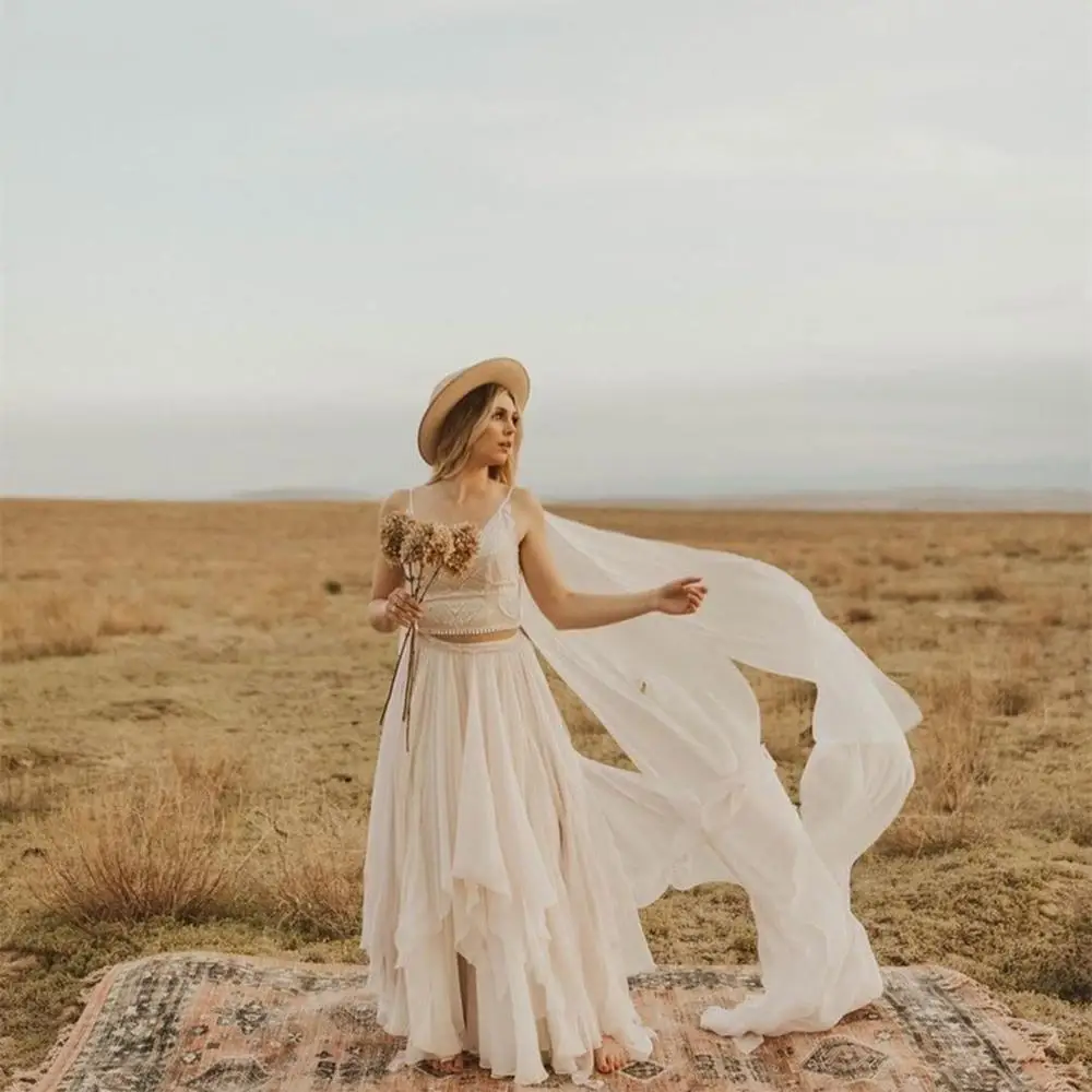 

Bohemian Wedding Dress Two Pieces 2 Beach Chiffon Sleeveless Charming Bridal gowns 2021 Spaghetti Strap Rustic Backless simple