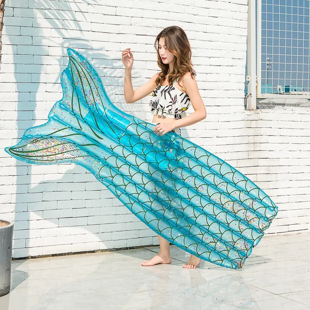 Lovely Super Pink Sequined Mermaid Floating Row Fish Tail Swimming Circle Riding Inflatable Overwater Raft Air-Mattress Summer 4
