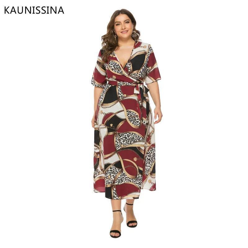 

KAUNISSINA Plus Size Dress Cocktail Robe V-neck Half Sleeve Printed Elegant Long Party Dresses with Belt Real Photo