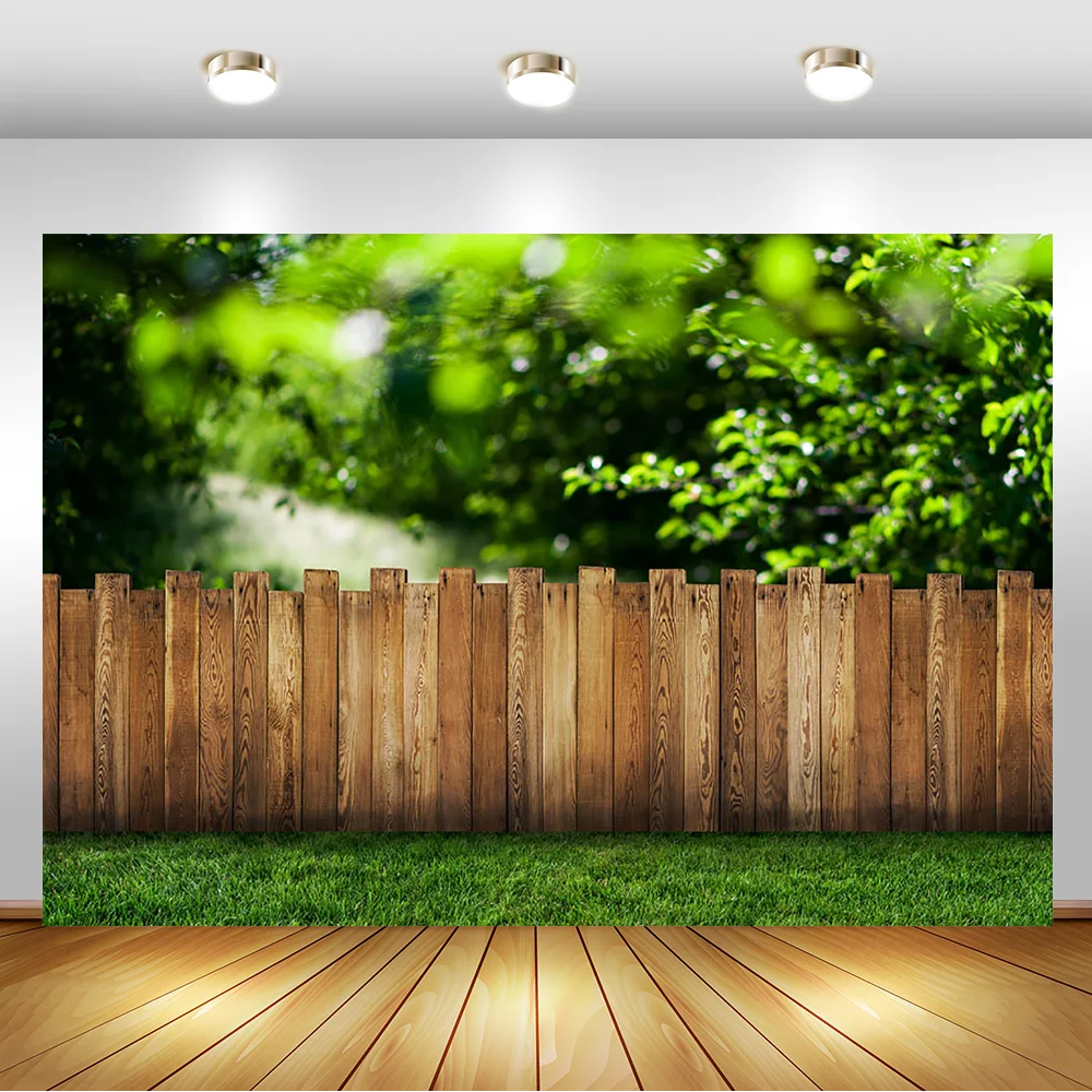 

Spring Wooden Board Photography Backdrops Green Tree Lawn Kids Children Birthday Backgrounds for Photo Studio
