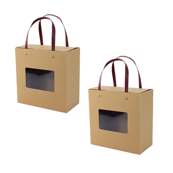 

2pcs Kraft Paper Box With Handle Portable Cake Box With Window Dessert Food Tea Gift Package Containers Cake Boxes And Packaging