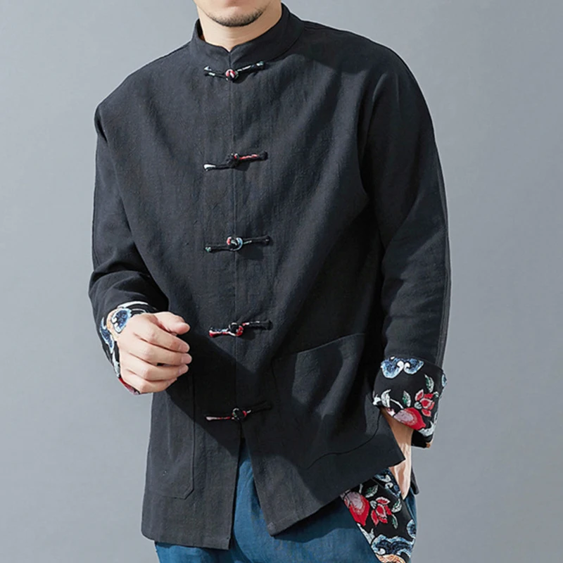 Мужские льняные рубашки с длинными рукавами и застежкой в виде лягушки, китайский стиль, мужские повседневные рубашки с воротником-стойкой - Цвет: Black
