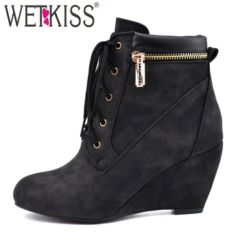 

WETKISS Wedges High Heels Boots Women Metal Zip Ankle Booties Female Round Toe Shoes Ladies Fashion Shoes Winter Plus Size 34-48