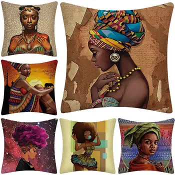 

45x45cm New Year Oil Painting Pillowcase Indian Beauty Linen Decorative Cushion Cover Home Auto Accessories