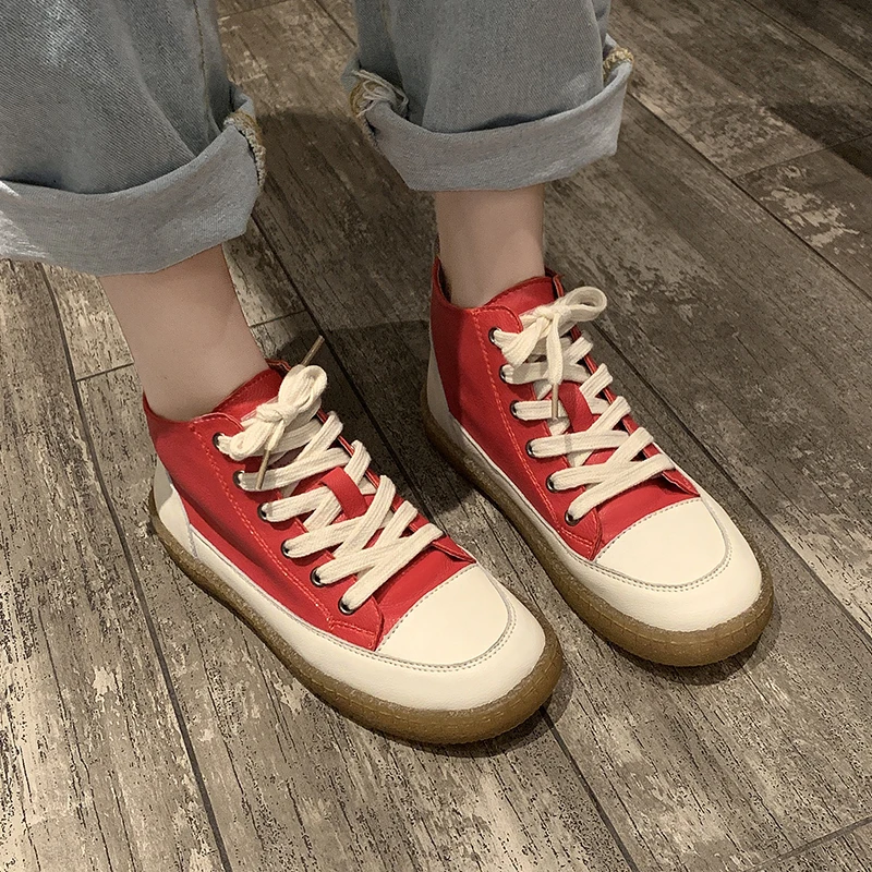 

2019 New Women Vulcanized Shoes Black Red High Women Sneakers Ladies Lace-up Casual Breathable Walking Canvas Flat Shoes Woman