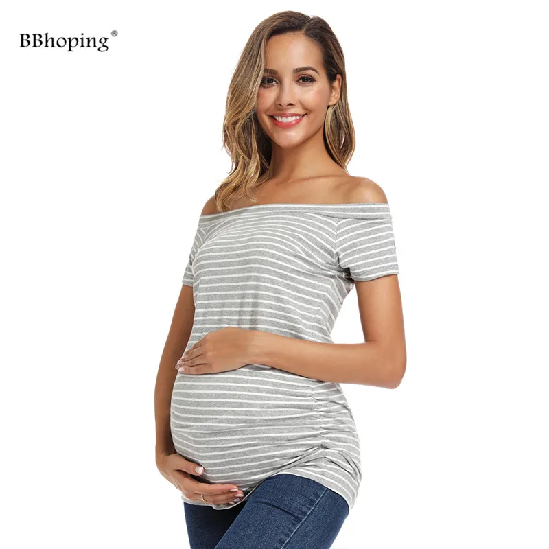 Топы для беременных с открытыми плечами с коротким рукавом полосатая одежда Повседневная Женская одежда рубашка для беременных с рюшами сбоку Классический Топ для беременных