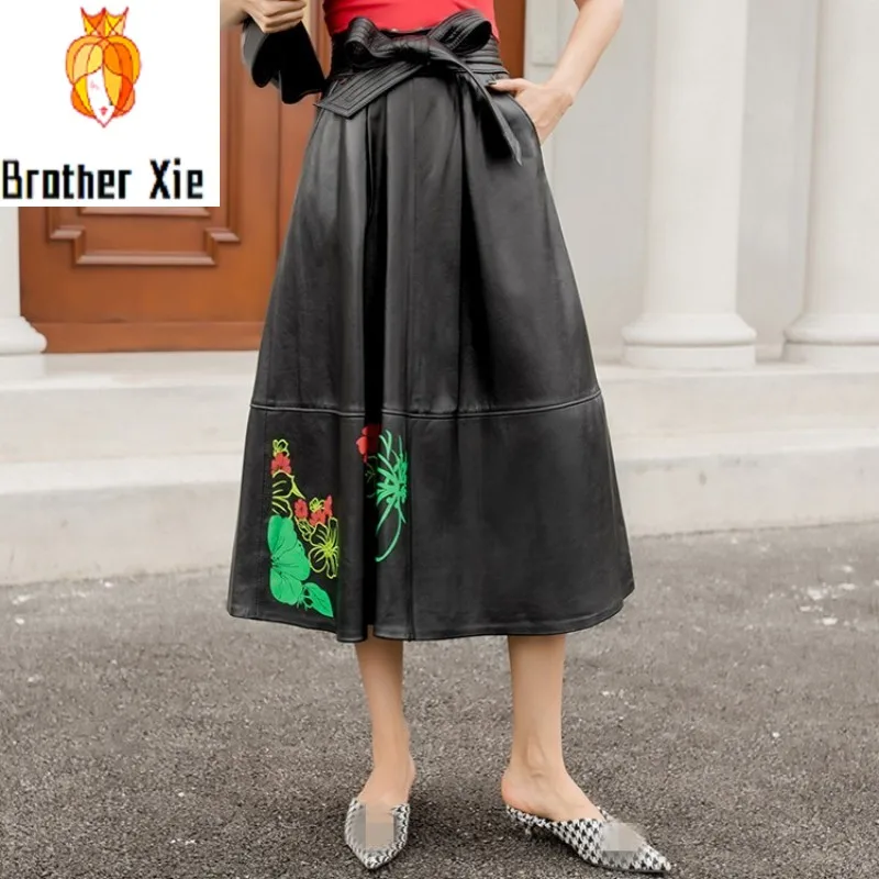 

Streetwear Genuine Leather Bow A-Line Skirt Women Top Quality Sheepskin Printed Slim High Waist Maxi Skirt Pocket Oversize 4XL