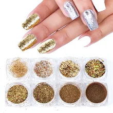 8 коробок, хромированные Блестки для ногтей, порошок, золото, голографические блестки, 3D шестигранные украшения для ногтей, фольга, пигментные хлопья, набор пыли, TR1506-07