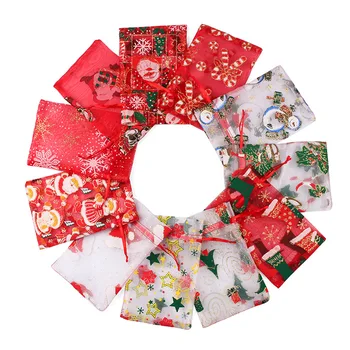 

50pcs 10X15 13X18cm gift bag Colored Santa Claus Christmas Organza Bag Gauze Element Jewelry Bags Drawable Organza Gift Bags
