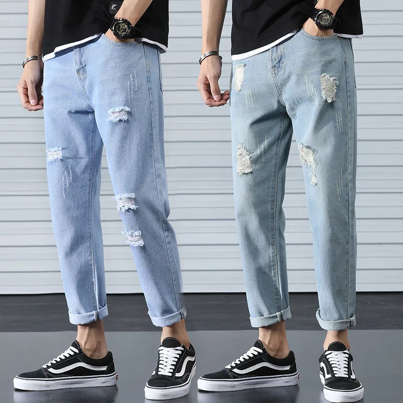 New Summer Ripped Jeans Vintage Blue Men's Denim Trousers Fashion Straight Scratched Holes Pants Jeans Hip Hop Streetwear S-3XL New Summer Ripped Jeans Vintage Blue Men's Denim Trousers Fashion Straight Scratched Holes Pants Jeans Hip Hop Streetwear S-3XL