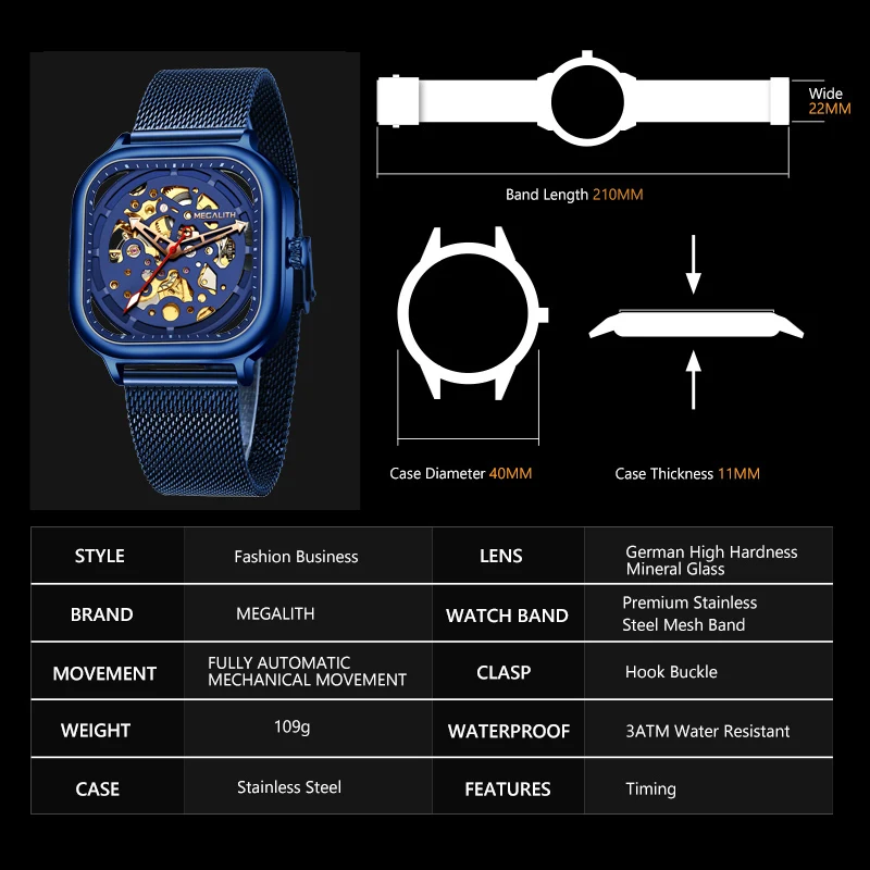 MEGALITH часы автоматические механические часы мужские водонепроницаемые lumnious синие сетчатые ремешок механические часы мужские relogio masculino 8202