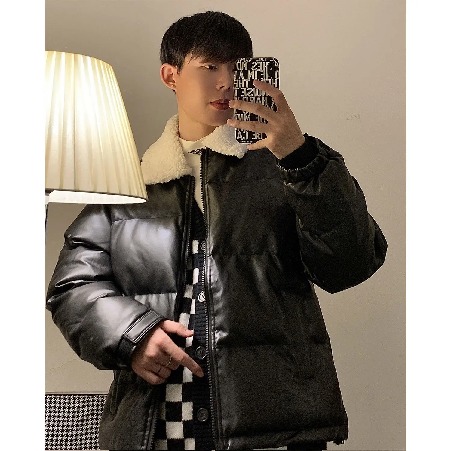 

Autumn and winter new lamb fur collar pu cotton jacket jacket men and women retro loose short thick student bread jacket