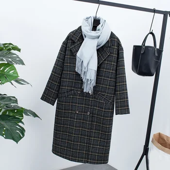 

Winter Check Velvet Coat Female Notched Warm checkered Woolen Women's Coats Fleece Office Lady 2020 Vintage Long Overcoat Woman