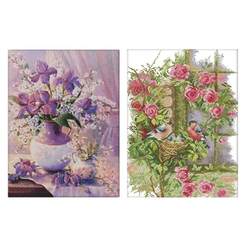

2 Set DIY Handmade Cross Stitch Set Embroidery Kit 14CT Cross-Stitching Home Decoration, 35 x 45Cm Birds' Family Pattern & 36 x