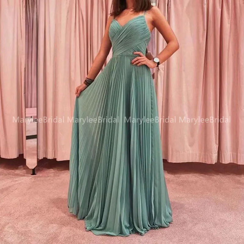 Vestidos De Gala Длинные вечерние платья на тонких бретелях с v-образным вырезом пыльно-зеленые плиссированные шифоновые вечерние платья для выпускного вечера suknie wieczorowe