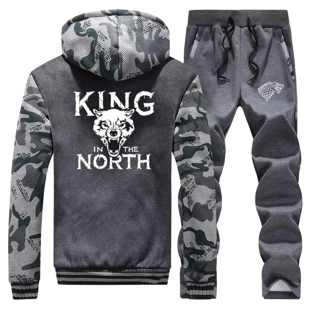 King In The North, Толстая Толстовка с капюшоном, зимняя мужская теплая толстовка+ штаны, комплект из 2 предметов, толстовка на молнии с изображением Игры престолов, мужской модный спортивный костюм