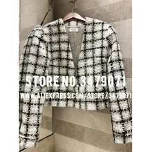 Клетчатое переплетенное мягкое пальто с v-образным вырезом, повседневная короткая куртка, женская мода, темперамент, высокое качество, элегантный жакет с шелковой подкладкой