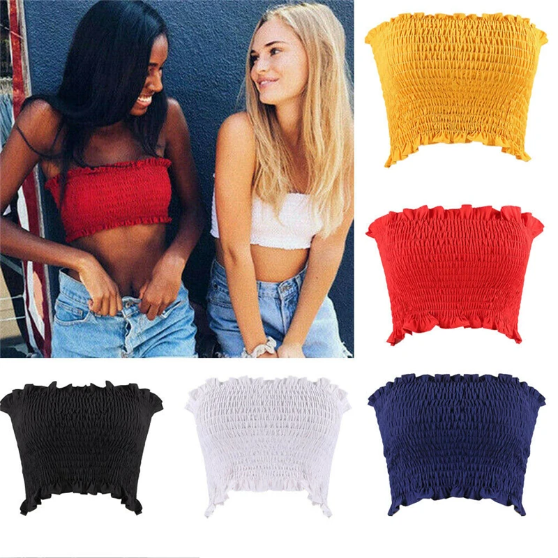 

Sexy Womens Plain Strapless Off Shoulder Boob Tube Bandeau Crop Top Stretch Bralet Bra Multiple Colors
