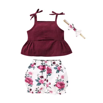 

Summer Sets Toddler Girls Suspender Solid Sleeveless Vest Top+Floral Printing Shorts＋Headband Outfits Cotton Clothing For Girls