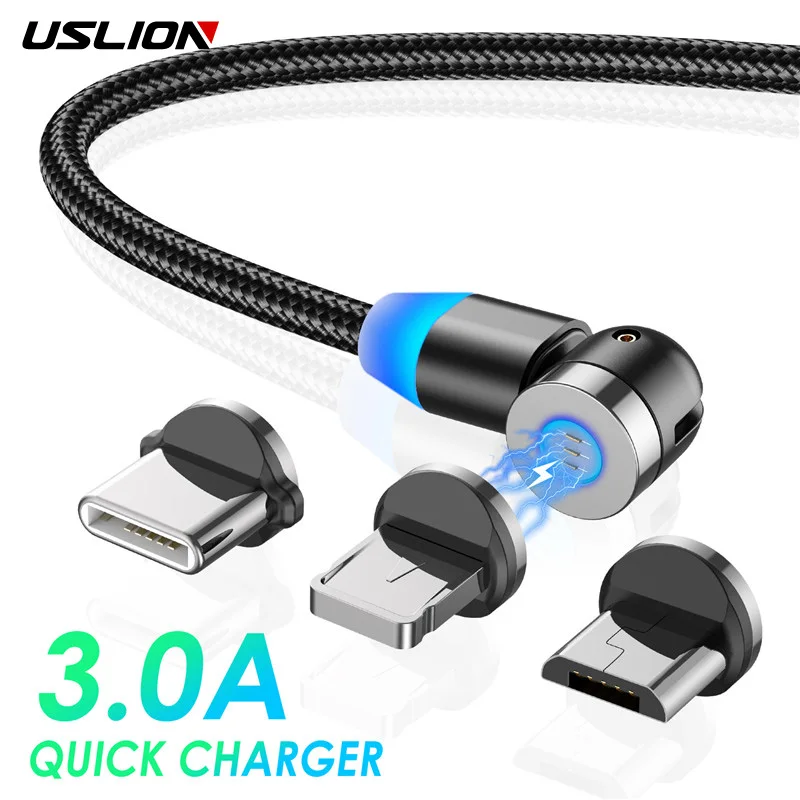 USLION 2 м Новый 360 ° + 180 Магнитный USB кабель 3A Быстрая зарядка Type C зарядное устройство