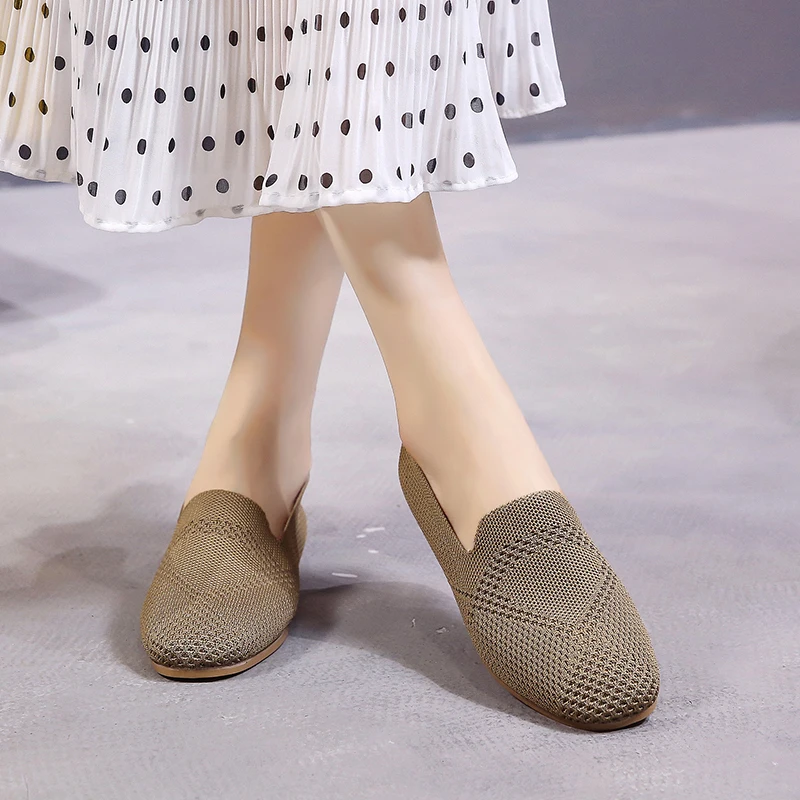 SLHJC Women Summer Autumn Flats Shoes Knit Fabric Breathable Loafers Square Toe Flat Heel Slip Resistance Sneakers Ballet Shoes - Цвет: khaki