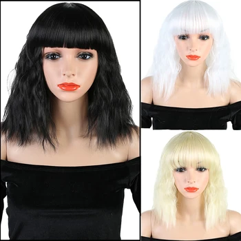 

XUANGUANG Medium Curly Wigs for Black Women African American Synthetic Hair Pure Color Wig with Bangs Heat Resistant Cosplay Wig