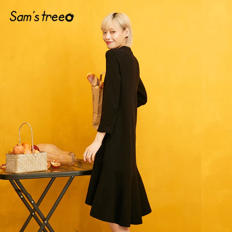 SAM'S TREE черное элегантное асимметричное платье-свитер женская одежда Осенняя рабочая одежда с длинным рукавом офисные женские платья