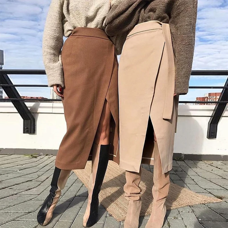 Office suede leather long skirt female autumn and winter high waist split sexy skirt service ladies long skirt