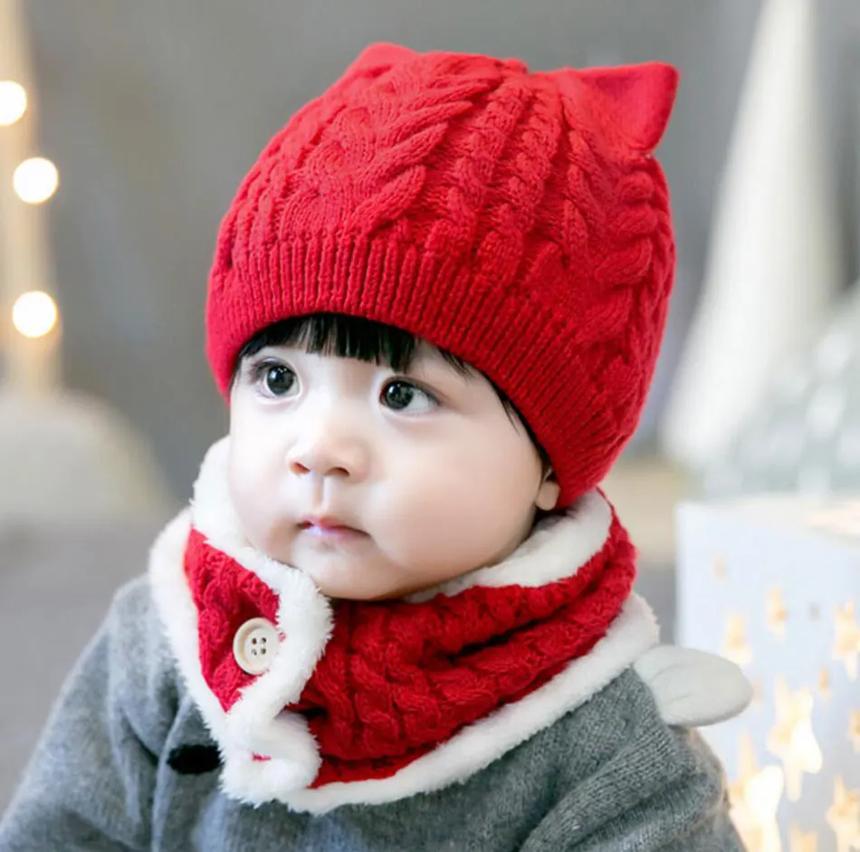 Winter Baby Girl Hat And Scarf Set For Children Boys Kids Thick Cable Knit Ear Beanie Cap Button Scarves Warm Wear 2 Pcs Suit