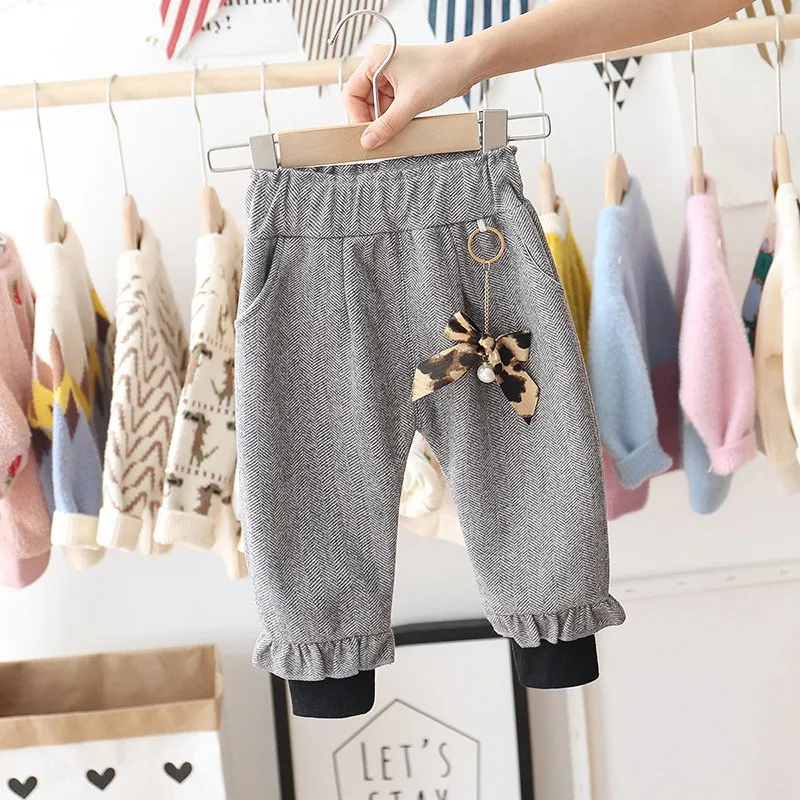 Warm Winter Baby Girls Kids Velvet Ruffles Harem Pants Leopard Bow Trousers Infants Children Princess Thicken Long Pant S10024 - Цвет: Dark Grey