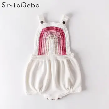 

Ins Baby Boys Girls Rainbow Rompers Back Belt White Needle Knitting Wool One Piece Clothes Bag Fart Jumpsuit Climbing Bodysuits