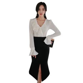 

Foamlina Elegant Ladies Two Pieces Set Sexy White V Neck Long Flare Sleeve Top and Black High Waist Split Midi Skirt Suits