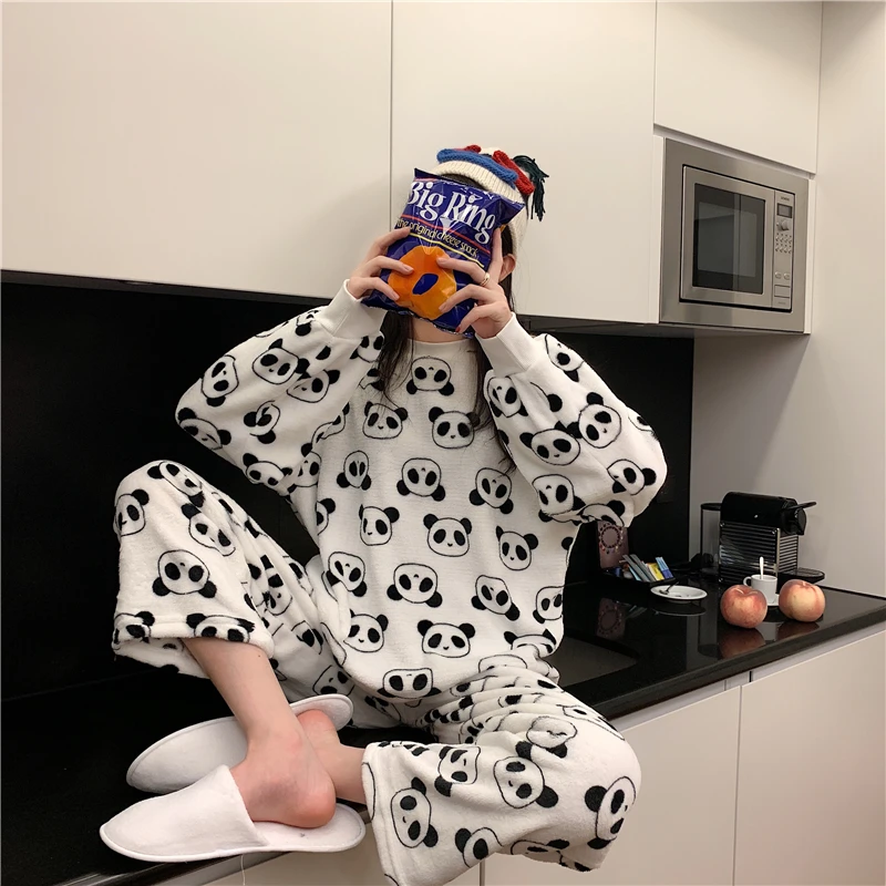 Mooirue зимние Пижамные комплекты Для женщин милые футболки с рисунком панды; теплое пальто Верхняя одежда для отдыха с круглым вырезом, одежда для сна, повседневная одежда, Домашняя одежда Пижама Femme