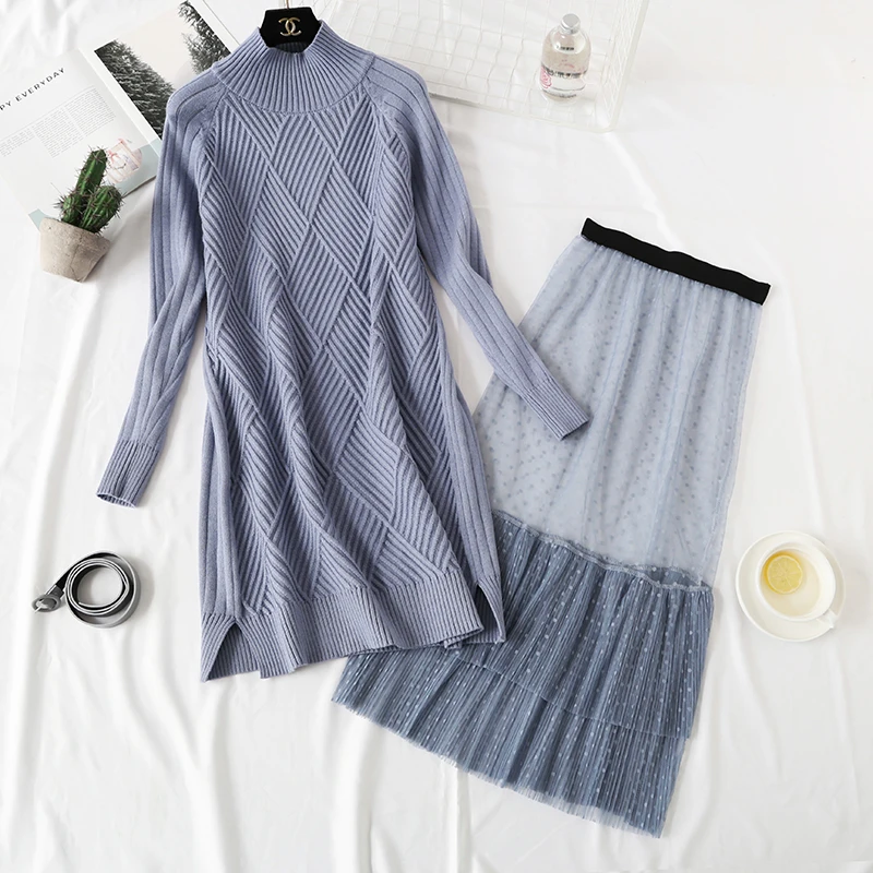 

2 piece set women Autumn Winter Turtleneck Knitted Pullover Sweater Dress + Mesh Skirt women set Casual With Belt Dress Suits
