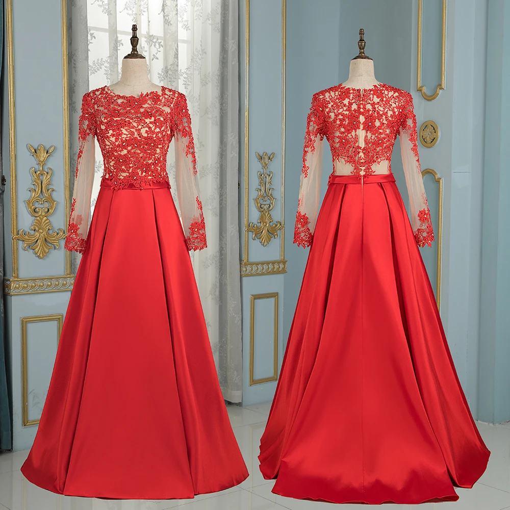

Red long sleeves A-Line Evening Dresses floor length plus size lace appliqued formal party prom gown
