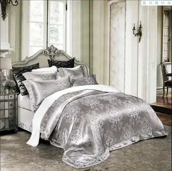 

Silver gray Satin Jacquard Bedding Set Queen King size 4/6pcs Wedding Bed Set Silk/Cotton Boho Duvet/Quilt Cover Bed Sheet Set