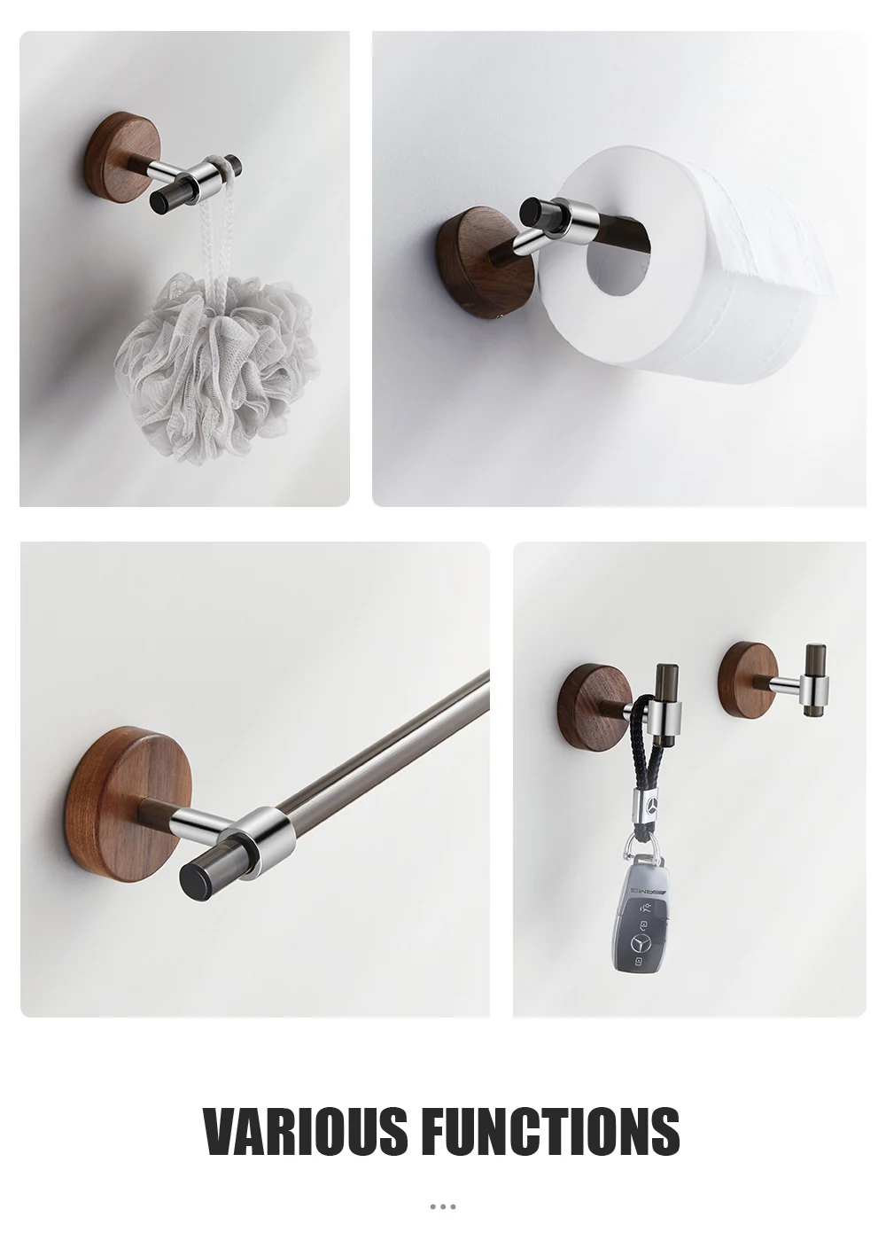 Description Picture 6 of itemBathroom Accessories Acrylic Towel Bar Holder Walnut Gold Towel Hanger Robe Hooks Bathroom Paper Holder Wall Mount WB8868