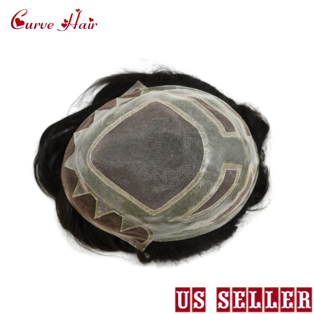 

Natural Black Skin Toupee For Men 120% Light To Medium Density French Lace Front 100% Human Hair System Hairpiece 1B#