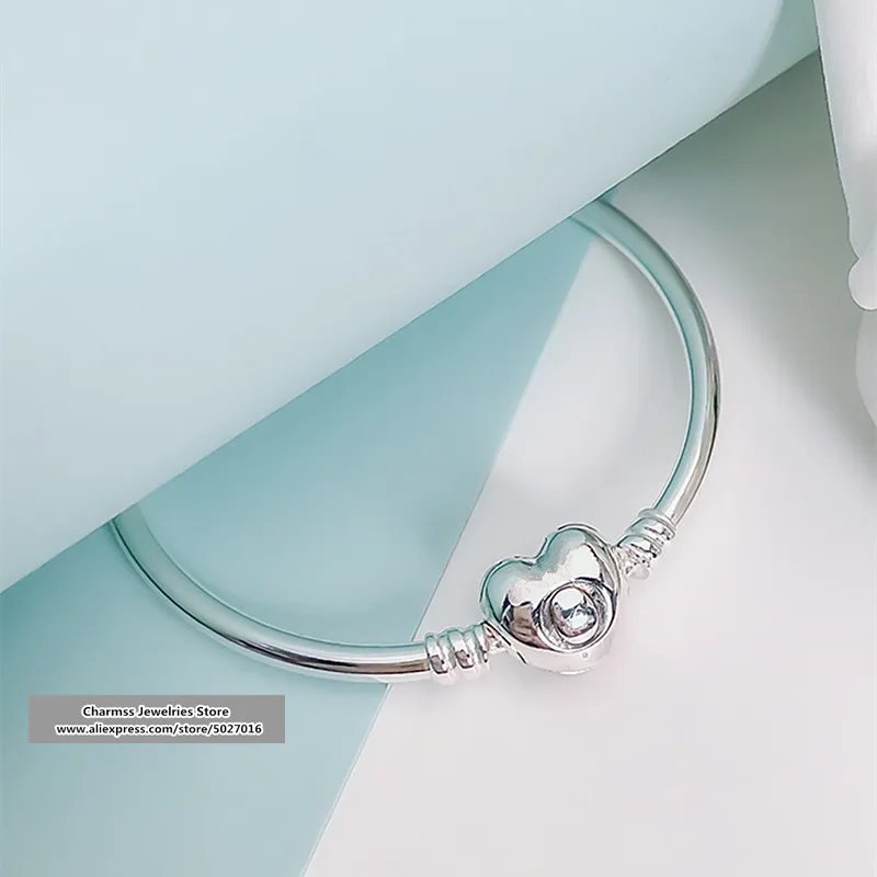 

2020 Fashion Jewelry 100% 925 Silver 925 heart charm bangle for women bracelets bangle Jewelries Pulseira Gift,1pz