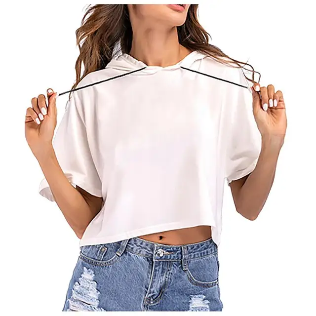 Summer Streetwear Womens Hooded T-Shirts Casual Loose Solid Color Drawstring Hooded Tshirt Solid color Sweatshirt Crop Top