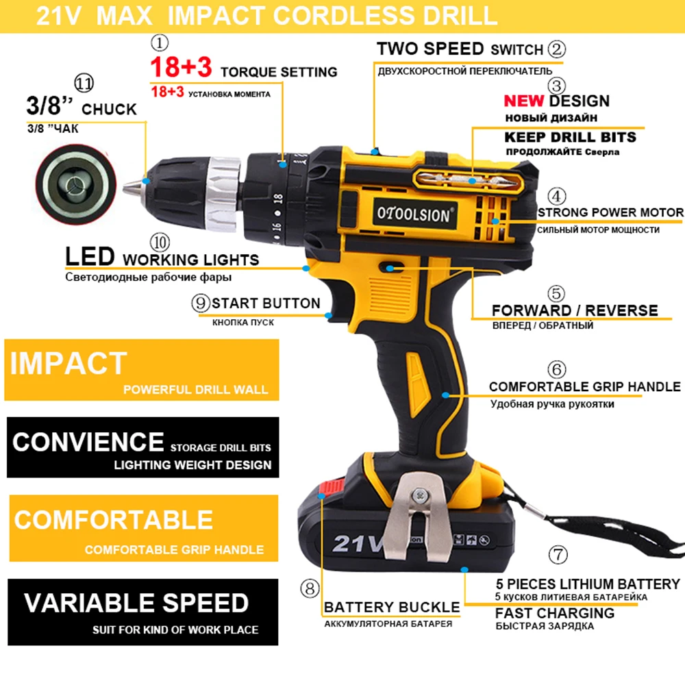 1500 Mah 21V Impact Electric Screwdriver Cordless Screwdriver Electric Tools Hammer Electric Hammer Power Tools For Woodworking