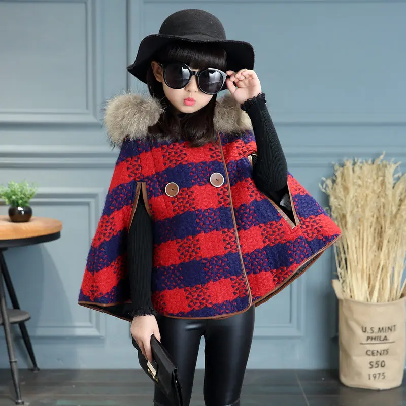 

New Arrival Jacket Girls Woolen Cape Costumes Kids Short Cloak Coat Hooded Black Red Paid Patchwork Clothes Autumn Winter Top