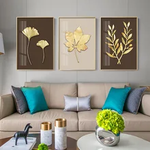 Modern Fashion Gold Leaf Plant Golden Luxury Abstract Decorative Canvas Painting Wall Picture Restaurant Hotel Living Room Decor